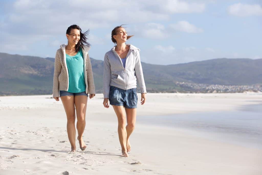 deux femmes qui marchent sur une plage