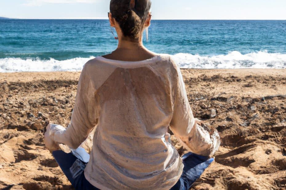 A beautifull woman on the beach doing mindfulness meditation